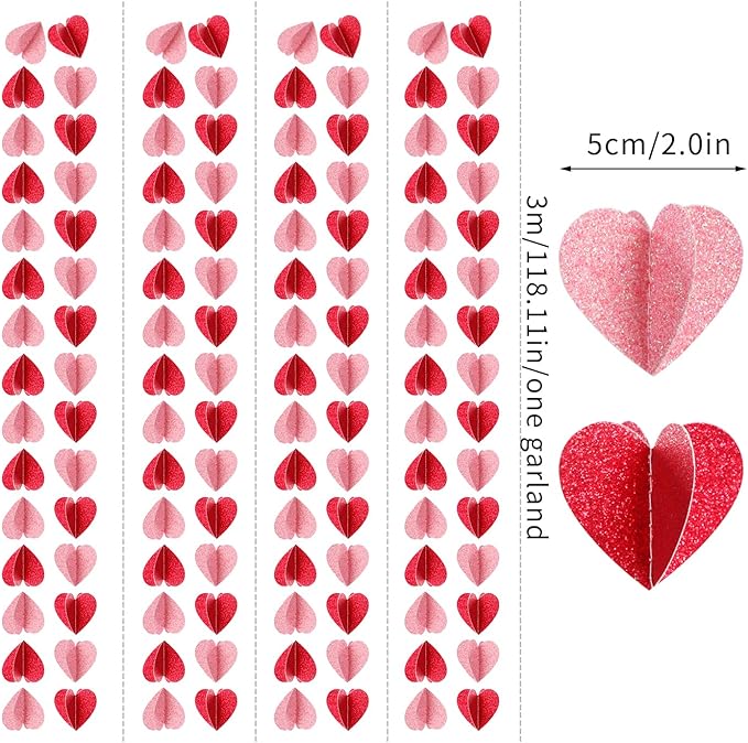 Red Pink Party-Decorations 3D-Heart Garland - 40ft Galentines Streamers Paper - Image 3