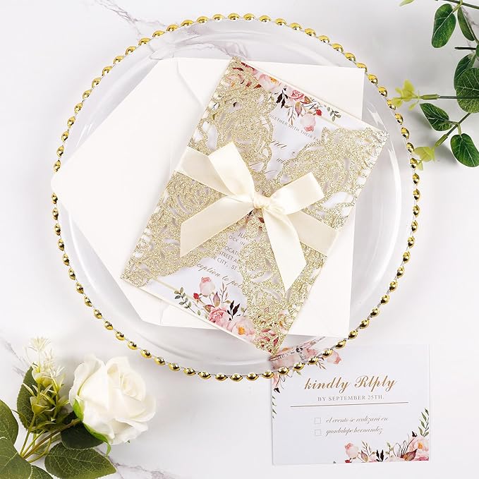 50pcs Gold Glitter Laser Cut Invitation Pockets Rose Personalized Blank Wedding - Image 2