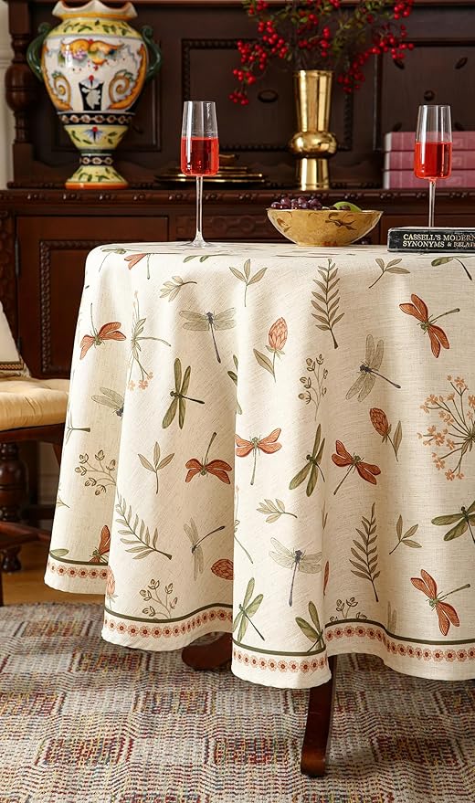 ISAENNE Designer Floral Linen Small Round Tablecloth, French Off White Elegant - Image 8