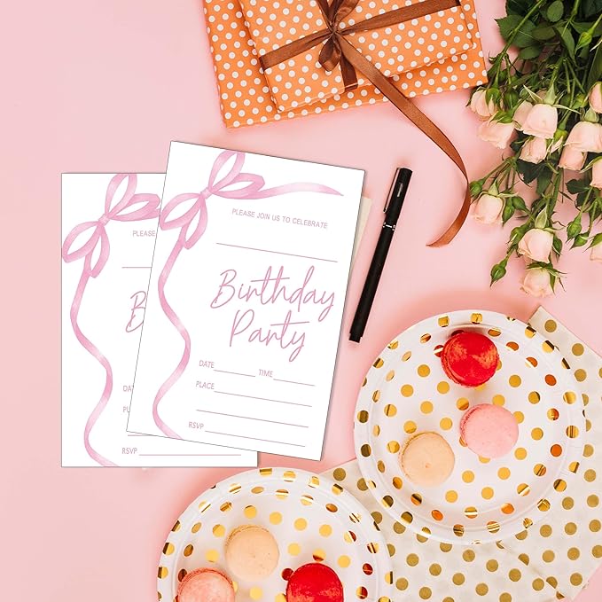 SIXEIGHT Pink Bow Birthday Invitations, 20 Party Invitations - Image 4