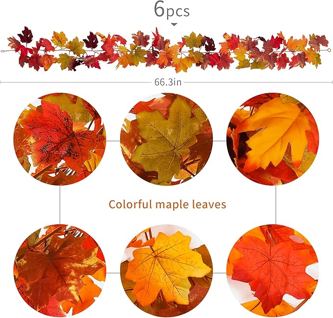 6PCS Fall Maple Leaves Garland, Party Joy 5.6Ft Artificial Maple Leaf Autumn - Image 3