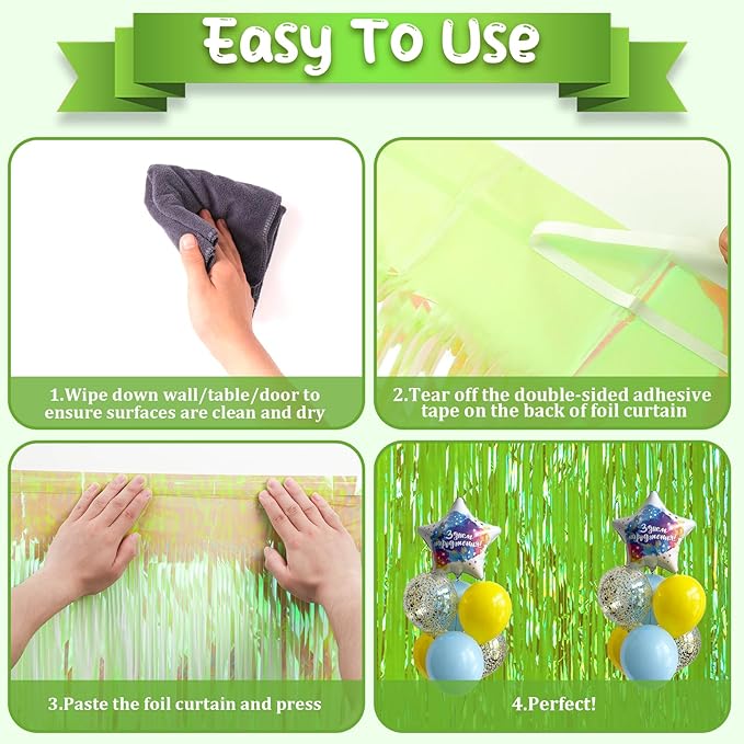 4 Pack 3.3x8.2 Feet Neon Green Foil Fringe Backdrop Curtains, Tinsel Streamers - Image 4