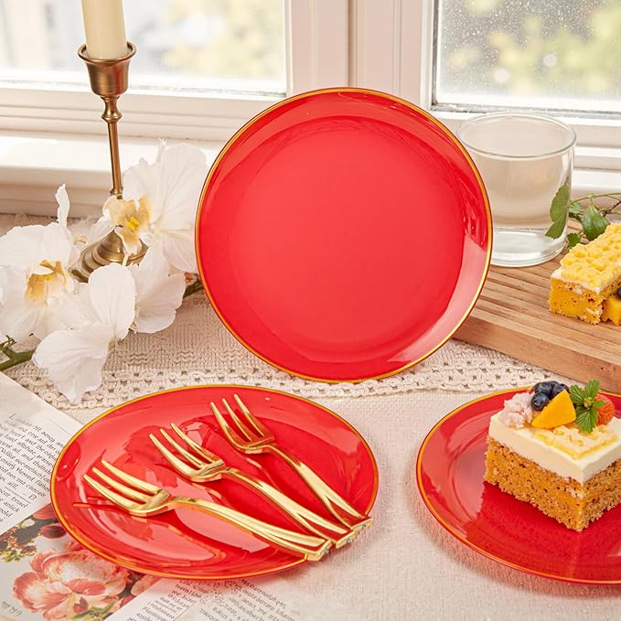 Festiva 200Pcs Red Gold Dessert Plates 6.3" - Image 5