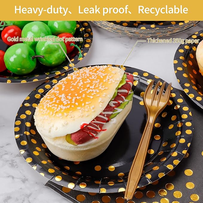 160 Pcs Black and Gold Paper Plates, Forks and Cups Party Supplies, Disposable - Image 7