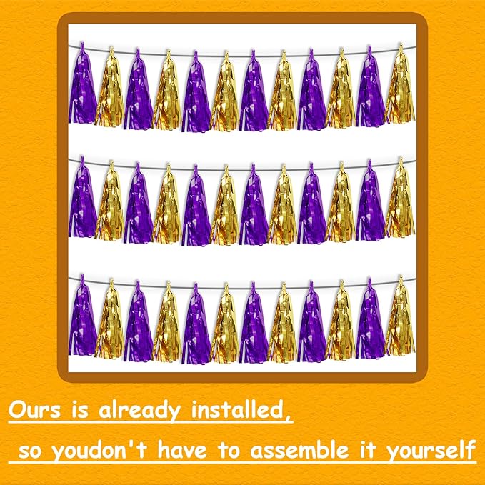 3P Purple Gold Metallic Fringe Tassel Banner Garland Foil Tinsel Streamer Wall - Image 3