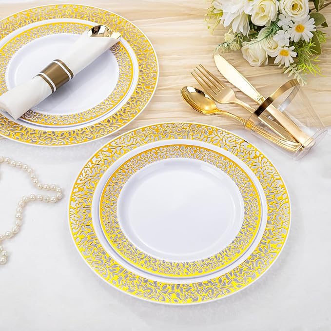 WELLIFE 210Pcs Gold Plastic Dinnerware - Image 7