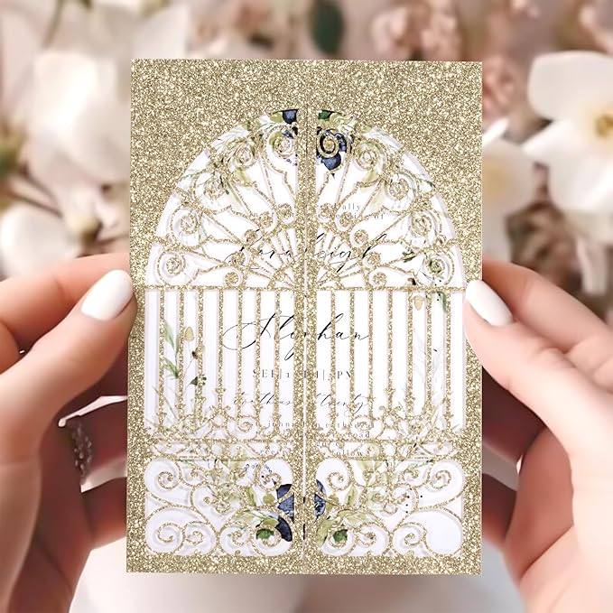25Pcs Light Gold Glitter Laser Cut Wedding Invitation Kits - Image 8