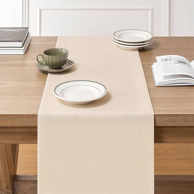 ZeeMart Linen Textured Border Table Runner, 14 x 90 Inch Cream, Farmhouse Style - Image 4