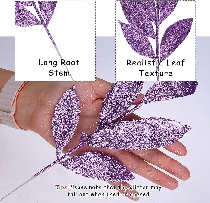 GREENTIME 12 Pack Artificial Purple Glitter Leaves 13" Fake Christmas Picks - Image 2