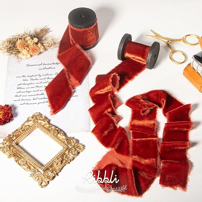 Ribbli Rust Red Velvet Ribbon 1.5 Inch Handmade Frayed Vintage Christmas Ribbon - Image 2