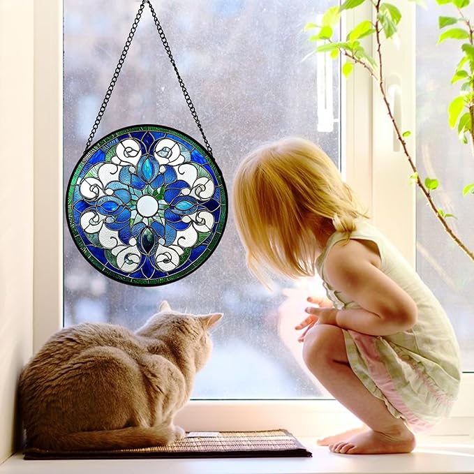 Stained Glass Window Hanging, Boho Style Sun Catchers Diamond Glass Panel - Image 3