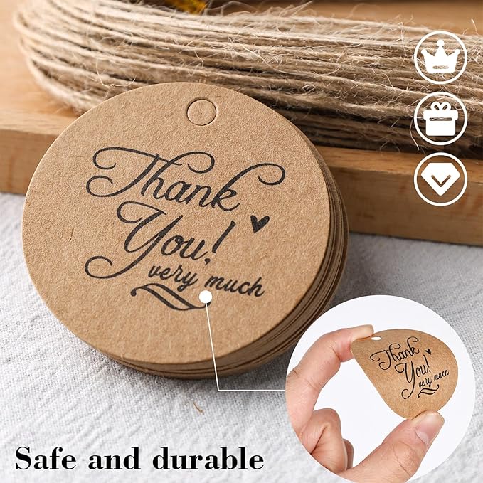 SallyFashion 120PCS Thank You Gift Tags, Round Brown Paper Tags - Image 3