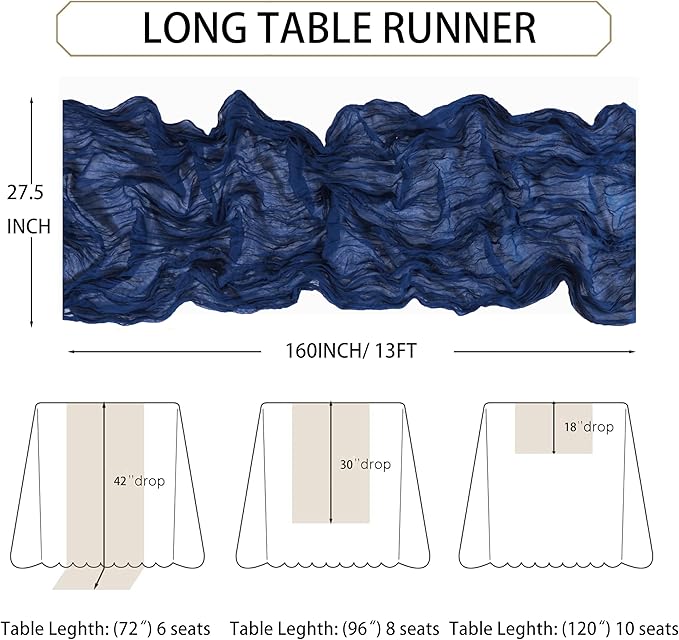 Snowkingdom 13Ft Navy Blue Cheesecloth Table Runner, 160inch Long Cheese Cloth - Image 6