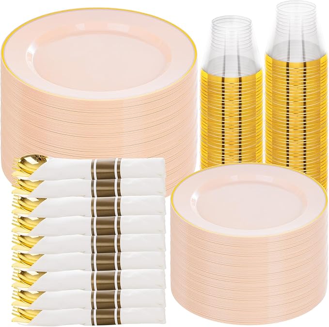 SUT 350 Pcs Pink and Gold Plastic Dinnerware Set by SeeYouTomorrow
