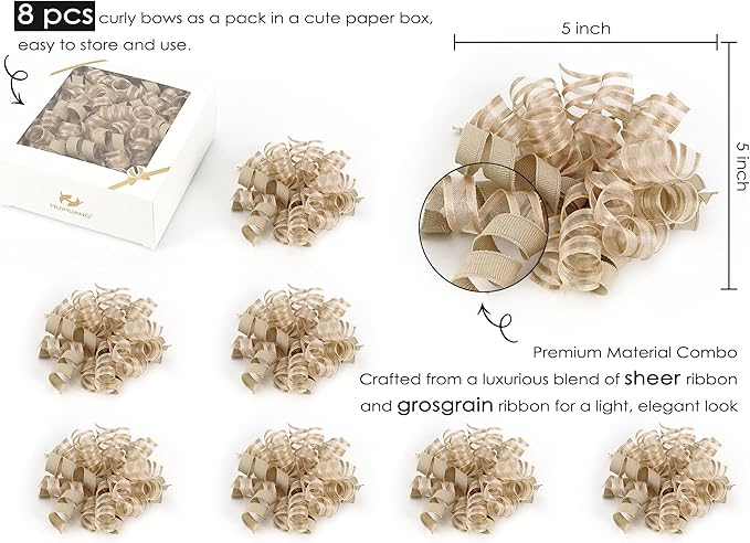 HUIHUANG Curly Bows for Gift Wrapping Champagne Gift Bow 5 inch x 8 Counts - Image 2