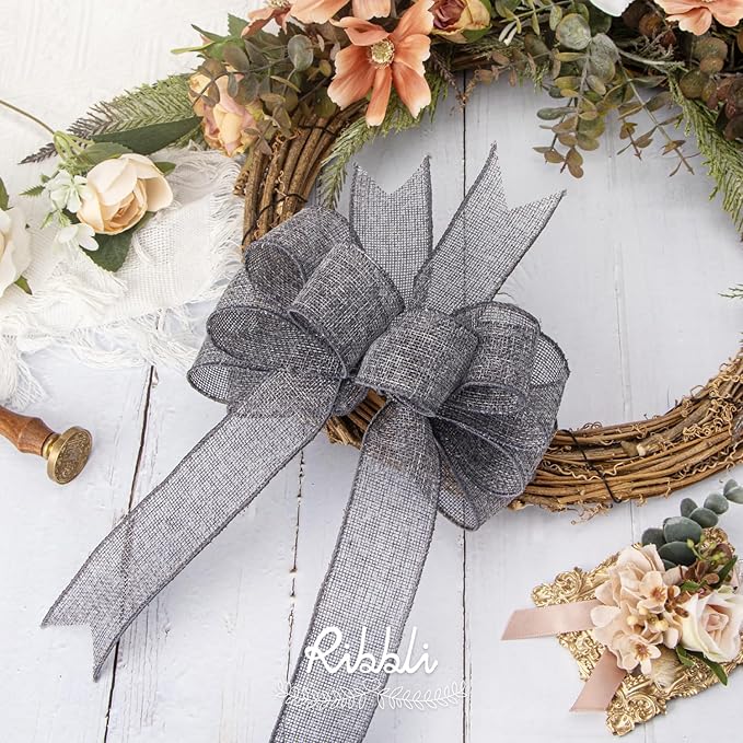 Ribbli Grey Burlap Wired Ribbon, 1-1/2 Inch x 10 Yard, Solid Wired Edge Ribbon - Image 4