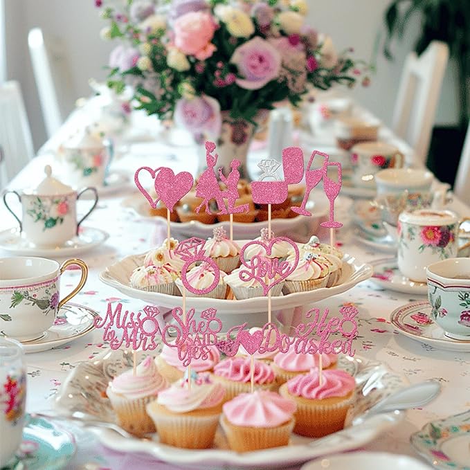 30 PCS He Asked She Said Yes Cupcake Toppers Glitter Engagement Cupcake Toppers - Image 4