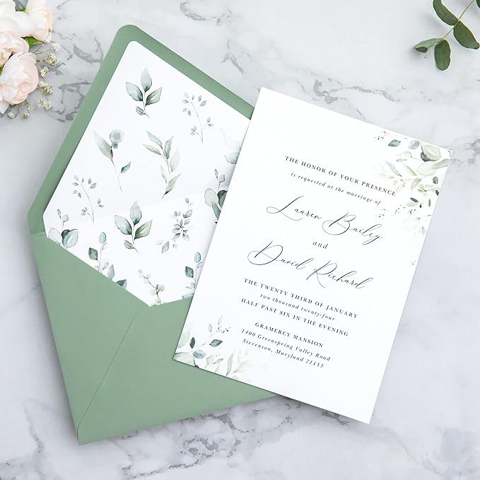 PONATIA 50PCS A7 Euro Flap Envelope, 5.25 x 7.25'' Sage Green Flowers Liner - Image 5