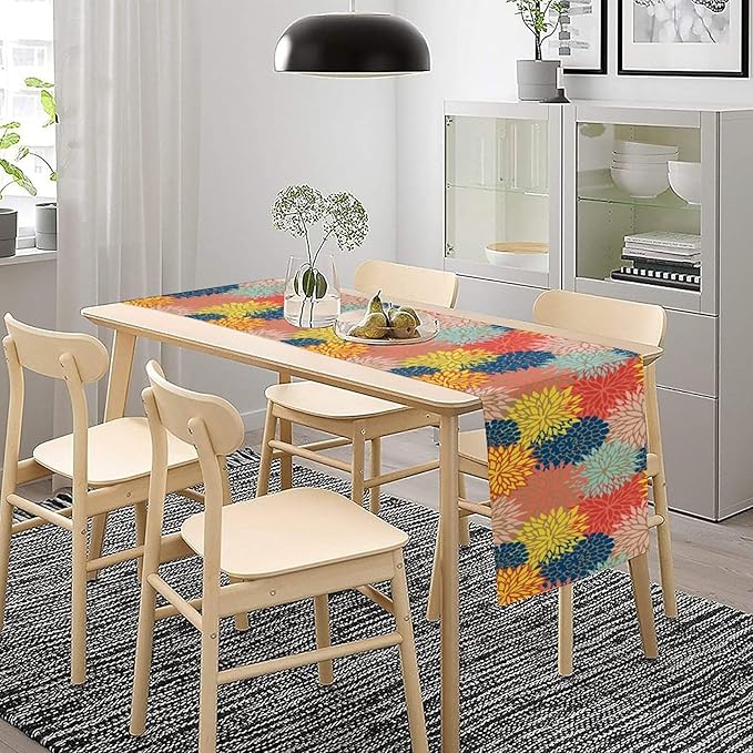 Dahlia Flowers Table Runner Colorful Floral Teal Grey Pink Yellow Blue Abstract - Image 5