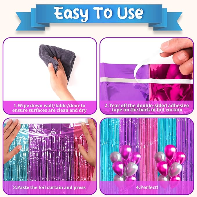 2 Pack Blue Purple Pink Foil Fringe Backdrop Curtains, Tinsel Streamers Party - Image 4