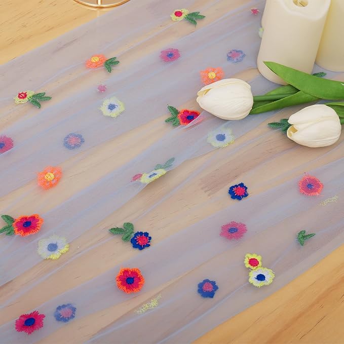 BINBE 3pcs Daisy Fall Table Runner Embroidery Gauze 10FT Florals Seasonal Tulle - Image 4