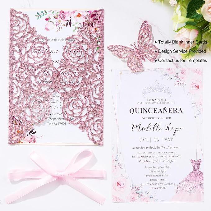 50PCS Pink Wedding Invitations Butterfly Laser Cut Invitation - Image 3