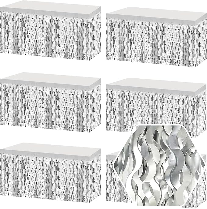 6 Pack 29 x108 Inch Silver Wave Foil Fringe Table Skirts Metallic Banner by Ferwzsr