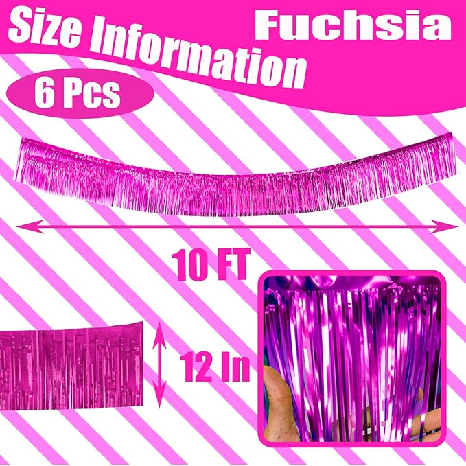 6 Pack 10 Feet Pink Metallic Foil Fringe Garland Rectangular Banner - Image 2