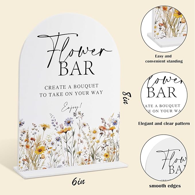 Wedding Signs for Ceremony and Reception, Boho Floral Acrylic Flower Bar Sign - Image 2