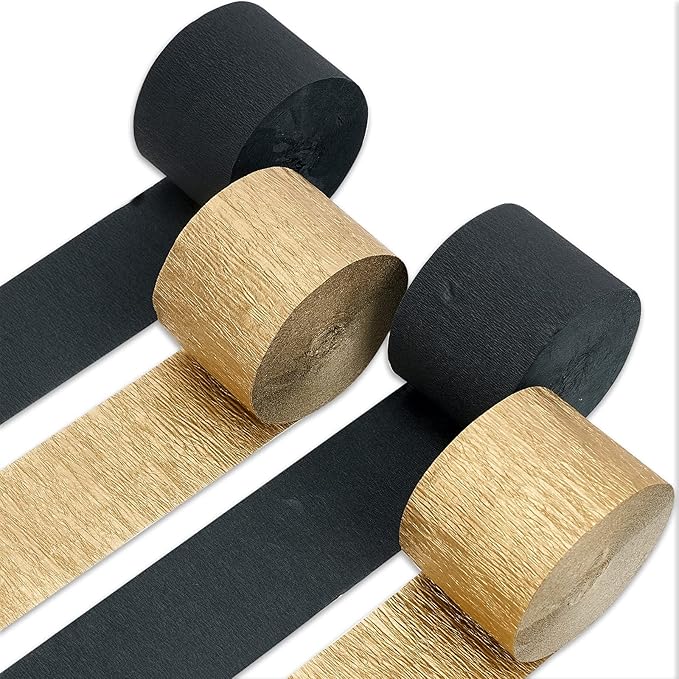 PartyWoo Crepe Paper Streamers 4 Rolls 328ft, Pack of Black and Gold Crepe Paper by PartyWoo