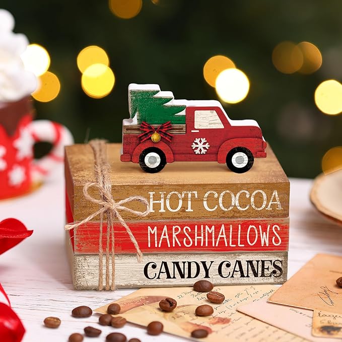 4 Pcs Christmas Table Decorations Red Truck Winter Tiered Tray Decorations - Image 2