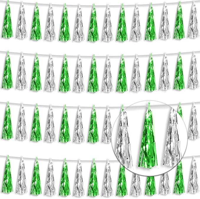 4P Green Silver Foil Fringe Tassel Banner Garland Metallic Tinsel Streamers by Xuuf