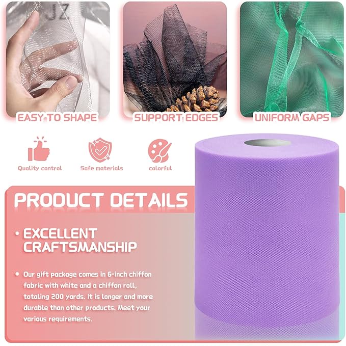 6" x 200 Yards Lavender Tulle Fabric Rolls, Light Purple Spool Tulle Ribbon - Image 3