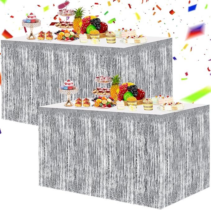 BEISHIDA 2 Pack Silver Table Skirts Party Decorations Metallic Tinsel Foil by Beishida
