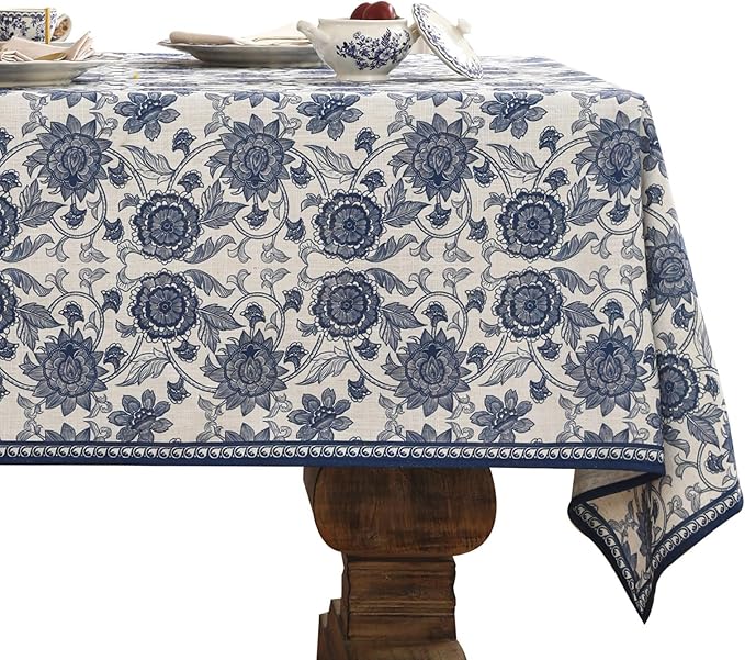 patdrea Designer Vintage Blue Long Rectangle Tablecloth, Linen Anti-Wrinkle by Welcometopatdrea