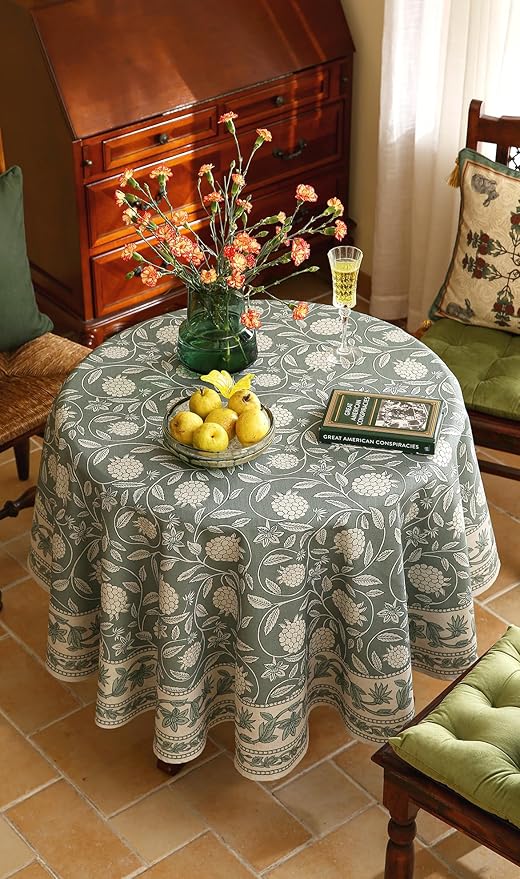 ISAENNE Designer Grayish Green Linen Small Round Tablecloth, Floral Stain - Image 6