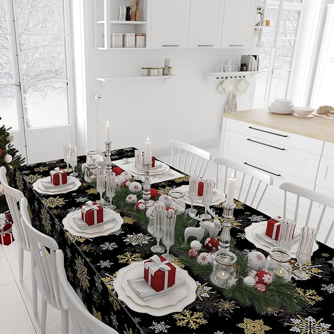 6Pcs Christmas Snowflake Party Tablecloths Decorations, Plastic Black and Gold - Image 9