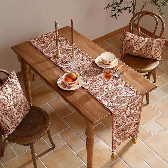 ISAENNE Designer Elegant Red Linen Table Runner 71 Inches Long, Vintage Paisley - Image 9