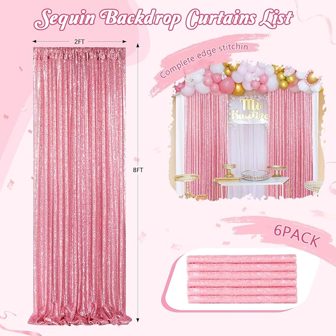 Backdrop Curtains Blush Pink Sequin Photo Curtain 6 Panels 2ftx8ft Glitter - Image 4