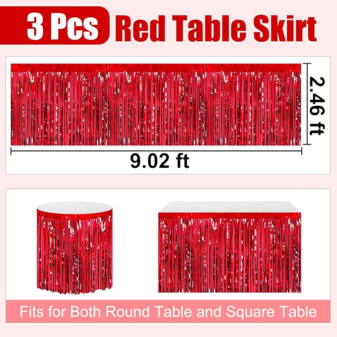 3 Pack 29 x108 Inch Red Foil Fringe Table Skirts Metallic Banner - Image 2