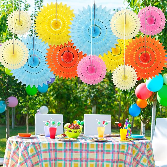 Outus 12 Pcs Hanging Honeycomb Paper Fans Sets, Fiesta Pastel Party Decorations - Image 5