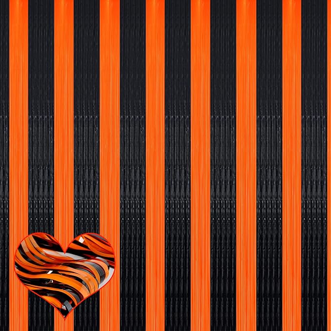 4 Pack Black Orange Fringe Curtain Backdrop, 3.2Ft x 6.6Ft Metallic Tinsel Foil by Mebiornt