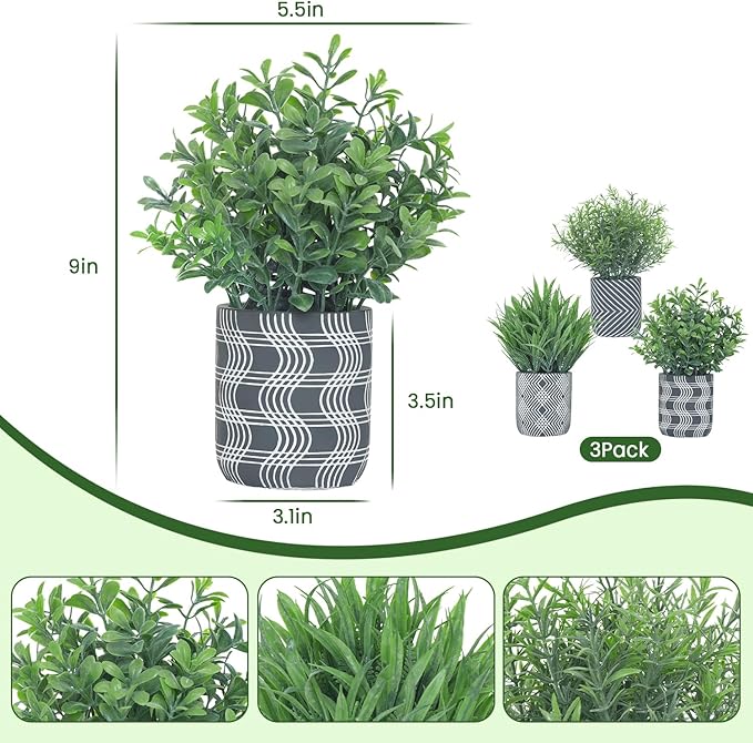 3 Pack Small Fake Plants, Fake Grass Plant, Artificial Boxwood & Rosemary - Image 2
