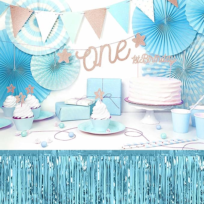 3 Pack 29 x108 Inch Light Blue Foil Fringe Table Skirts Metallic Banner - Image 5
