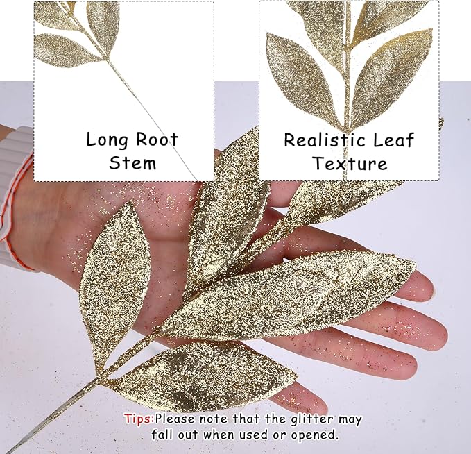 GREENTIME 12 Pack Artificial Light Golden Glitter Leaves 13" Fake Christmas - Image 2