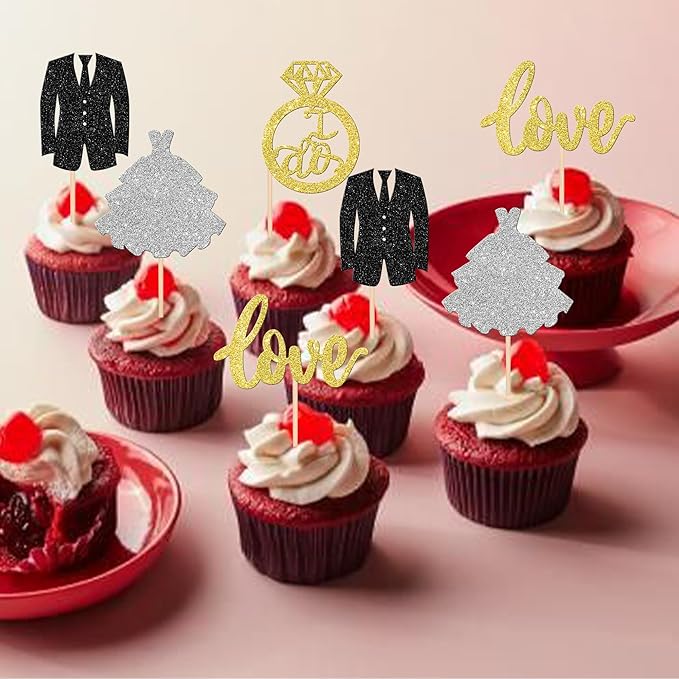 24 PCS Wedding Cupcake Toppers Glitter Bride and Groom Cupcake Picks Love I Do - Image 5
