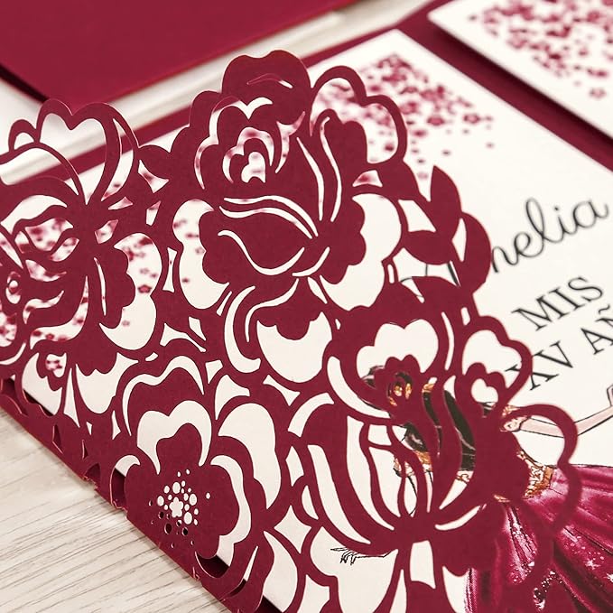 DORIS HOME 50pcs Laser Cut Quinceanera Invitations Burgundy, 4.7x7.1 - Image 5