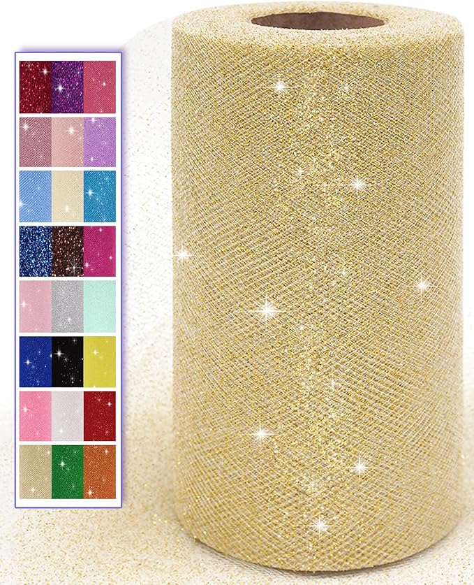 Glitter Gold Tulle Fabric Rolls, 6 Inch 50 Yards Sparkling Spool Ribbon Sequin by AblemeDeco