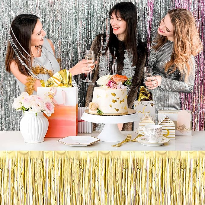 3 Pack 29 x108 Inch Light Gold Foil Fringe Table Skirts Metallic Banner - Image 6