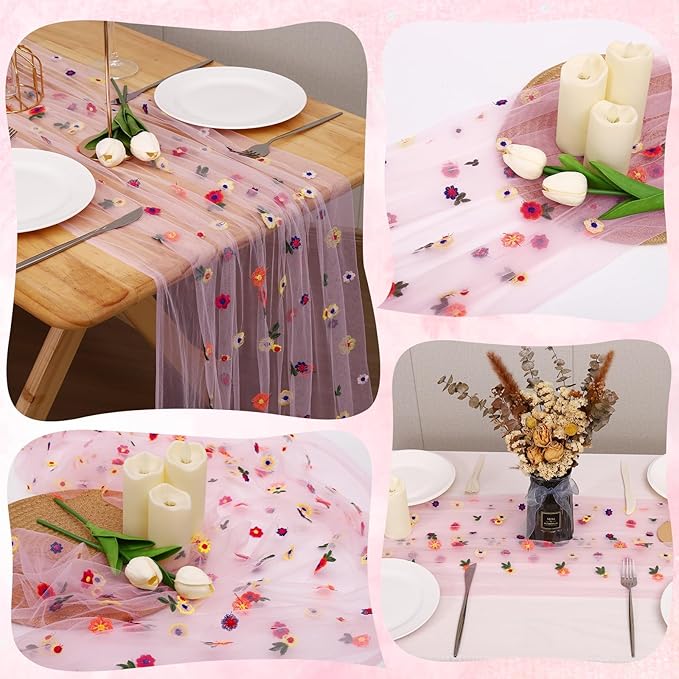 6PCS Pink Floral Table Runner 10 FT, Embroidery Daisy Table Runners Seasonal - Image 4